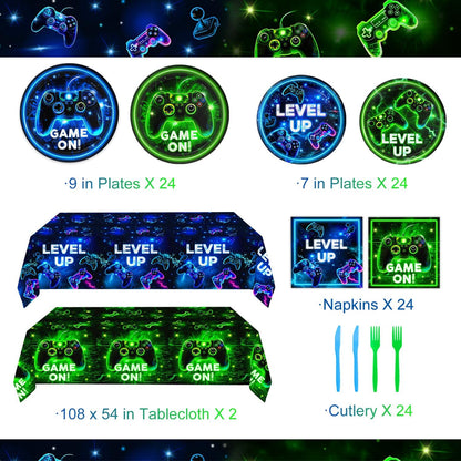Video Game Birthday Decorations - Neon Level Up Game Tableware Includes Plates, Napkins, Cups, Forks, Tablecloths for Boy Gamer Birthday Party, Serves 24