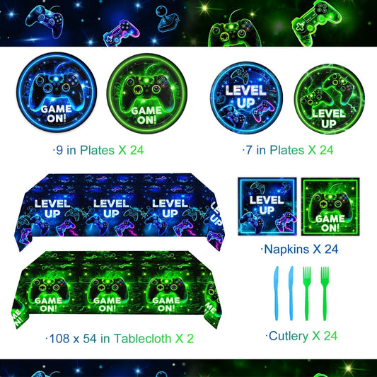 Video Game Birthday Decorations - Neon Level Up Game Tableware Includes Plates, Napkins, Cups, Forks, Tablecloths for Boy Gamer Birthday Party, Serves 24