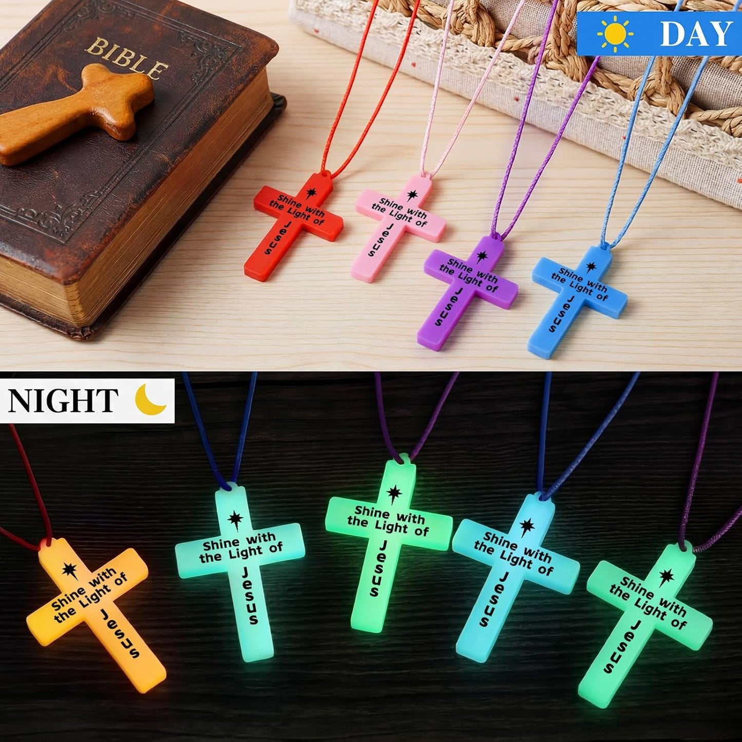 Tondiamo 30 Set Glow in The Dark Cross Necklace Bulk Jesus Light up Cross Necklace Silicone VBS Religious Christian Gift Bulk Birthday Party Favors for Church Item