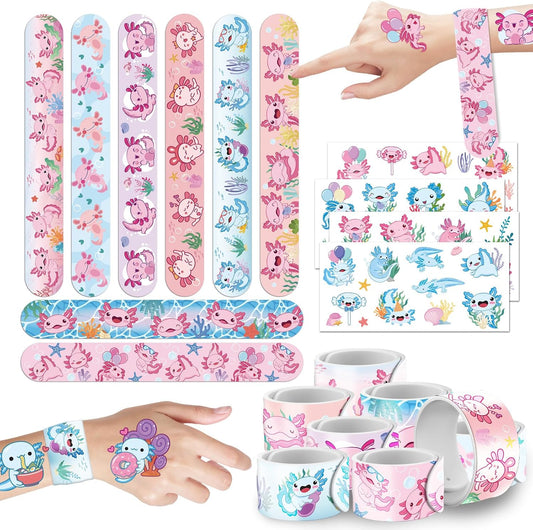 Axolotl Party Favors Supplies, 32PCS Slap Bracelets 8PCS Temporary Tattoos Gifts Decorations for Girls, Axolotl Birthday Party Baby Shower Goodie Bag Fillers