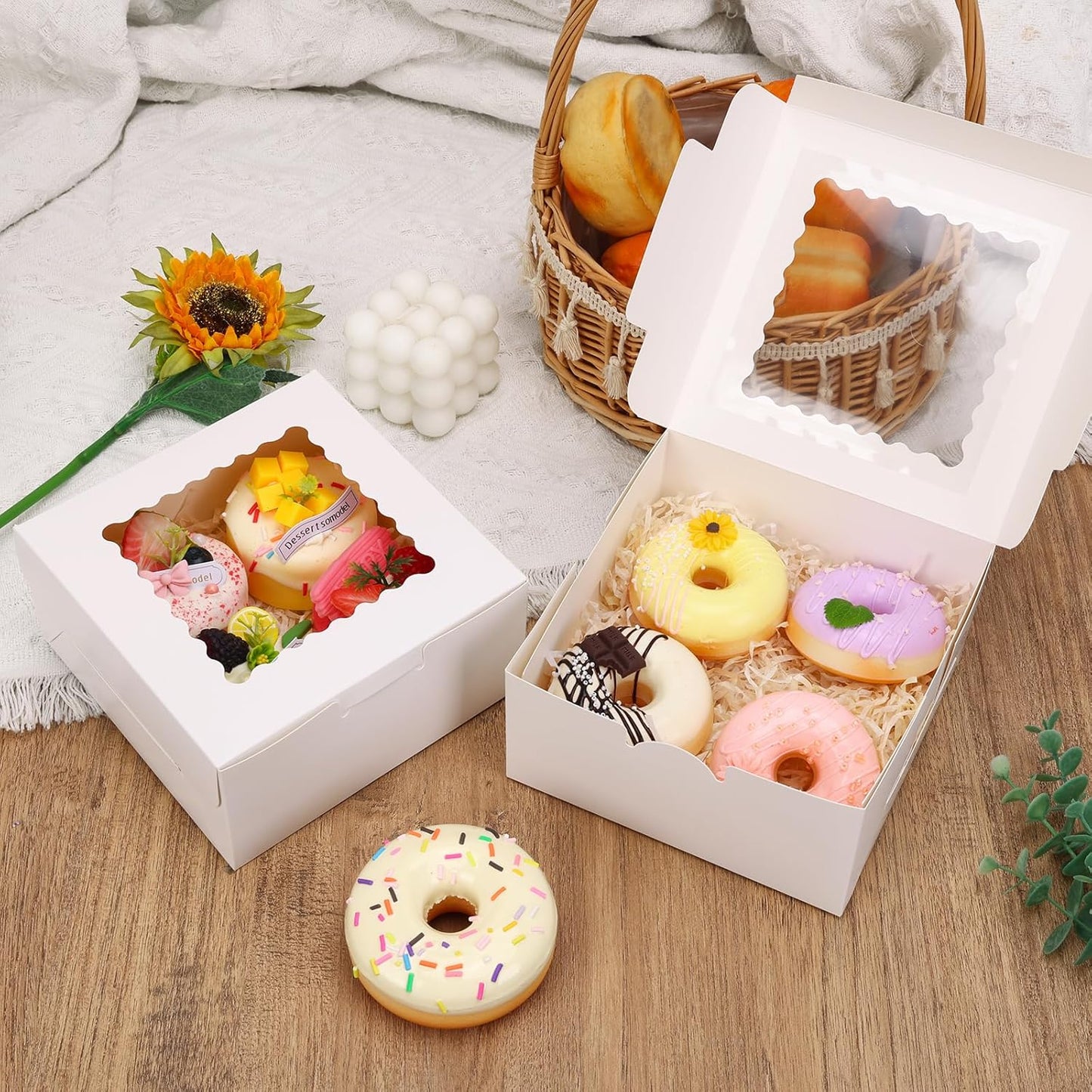 TOMNK 16pcs Cookie Boxes with Window, 6x6x3 Inches Bakery Boxes for Treats, Chocolate Covered Strawberries, Cupcake, Pastry(with Stickers)