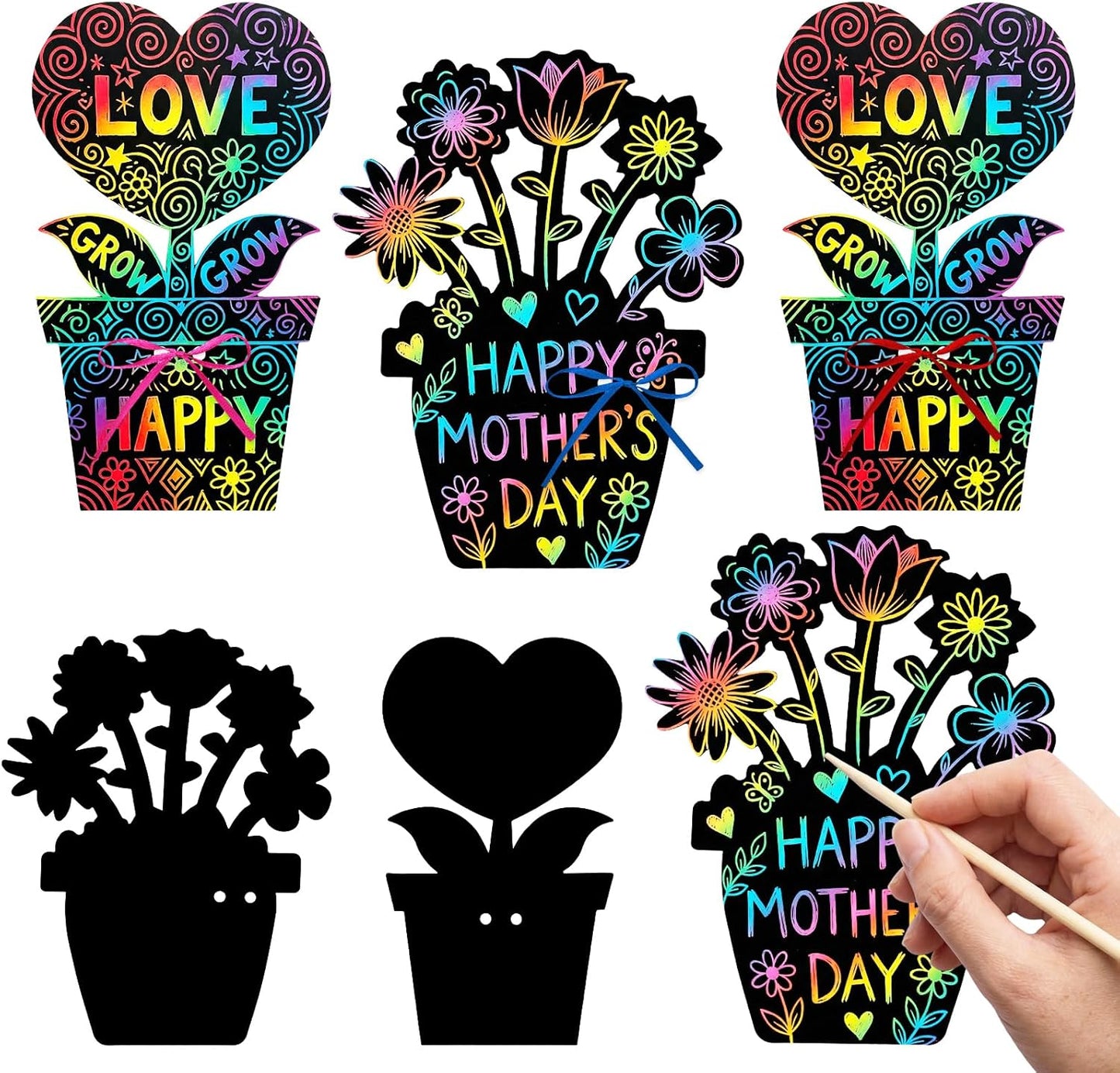 Dhthdrh 60 Pcs Flower Scratch Cards Craft Graduation Mothers Day Flower Pot Scratch Cards DIY Magic Rainbow Paper Craft Art DIY Hanging Art Kit Drawing Coloring Sheet for Men Women Teacher