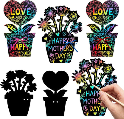 Dhthdrh 60 Pcs Flower Scratch Cards Craft Graduation Mothers Day Flower Pot Scratch Cards DIY Magic Rainbow Paper Craft Art DIY Hanging Art Kit Drawing Coloring Sheet for Men Women Teacher