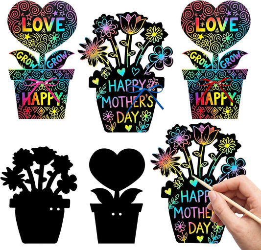 Dhthdrh 60 Pcs Flower Scratch Cards Craft Graduation Mothers Day Flower Pot Scratch Cards DIY Magic Rainbow Paper Craft Art DIY Hanging Art Kit Drawing Coloring Sheet for Men Women Teacher