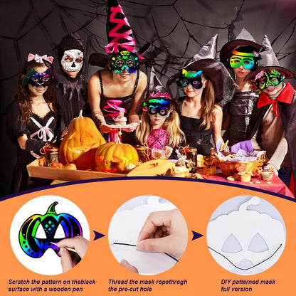 Natonhi 32Pcs Halloween Crafts for Kids Rainbow Scratch Mask, Halloween Games Scratch Art and Craft Kit Classroom Activities Favors Party Supplies