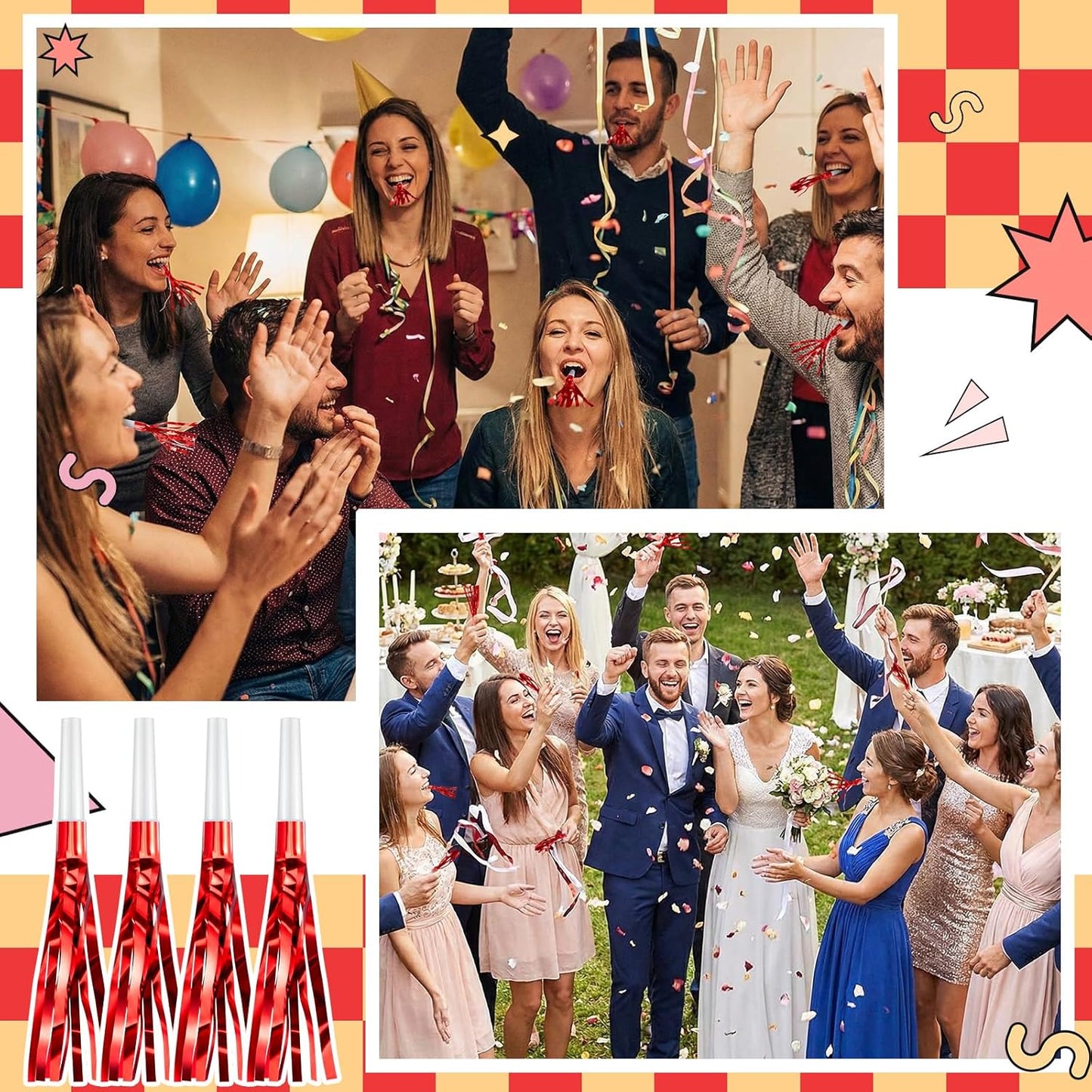 Sumind 24 Pcs Gold Noise Makers Metallic Fringed Party Blowers Horns Whistles Noisemakers Party Favors for Adults Birthday Graduation Sporting Events Celebration Surprise Supplies