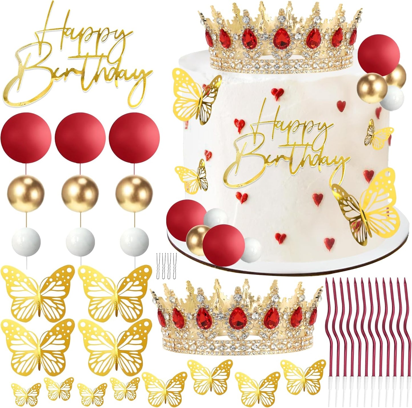 Crown Cake Topper, Balls Happy Birthday Cake Topper Pink Crown Birthday Candles Gold Butterflies, Corona Para Pastel, Cake Decorations for Birthday Wedding (Gold, Pink)