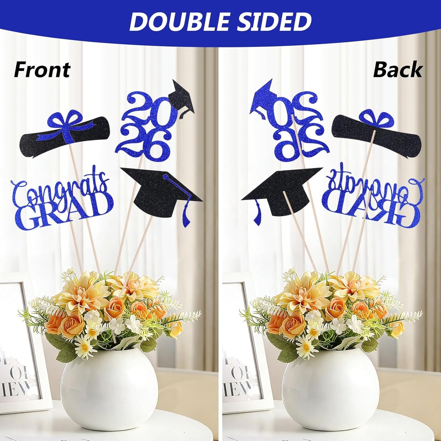 Graduation Decorations 2026, 16pcs Graduation Centerpieces for Table, Gold and Black Graduation Table Centerpieces Toppers, Class of 2026 Graduation Party Decorations Double Sided