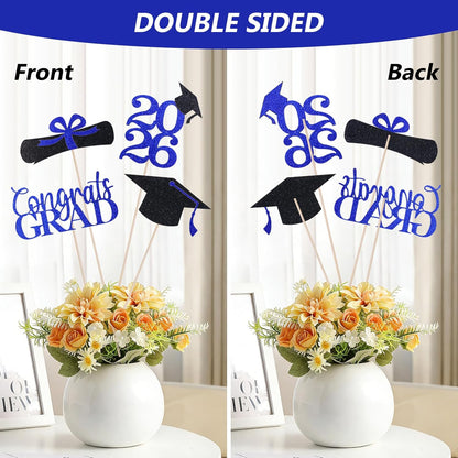 Graduation Decorations 2026, 16pcs Graduation Centerpieces for Table, Gold and Black Graduation Table Centerpieces Toppers, Class of 2026 Graduation Party Decorations Double Sided