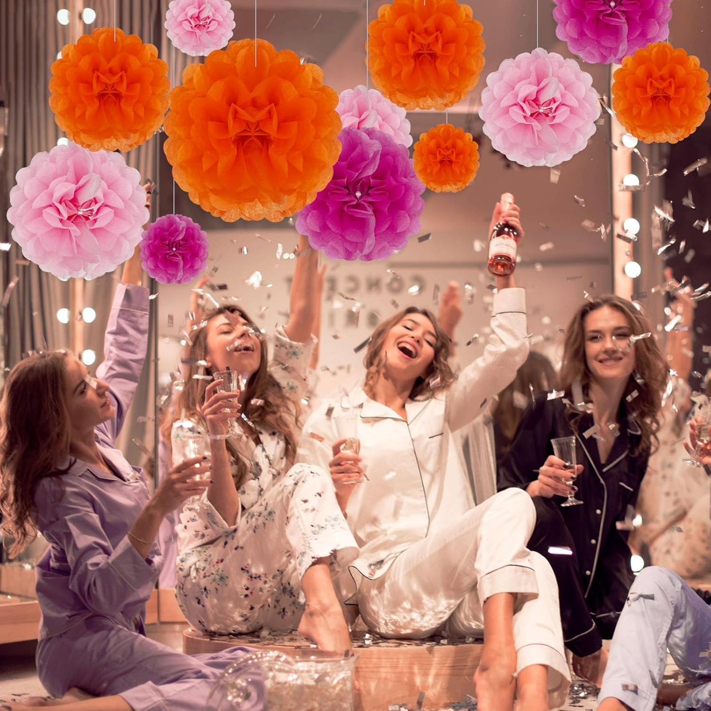 Tissue Paper Pom Poms, Pink Tissue Paper Flowers, Hanging Flower Balls for Weddings Fiesta Parties Birthday Baby Showers Classroom Bridal Shower Decoration (18Piece Set-6/10/12/14Inch)
