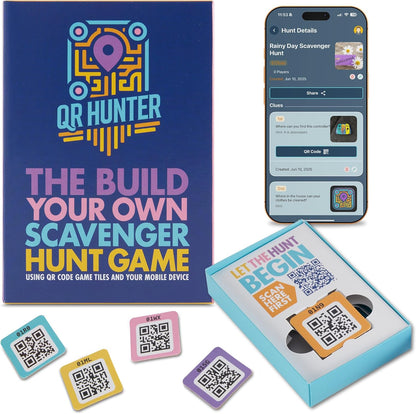 QR Hunter | QR Code Tile Sticker Pack | Includes 5 Treasure Hunt Game Tiles for All Ages | Custom Scavenger Hunts and QR Code Adventure | Free iOS and Android Compatible App Included | Made in the USA