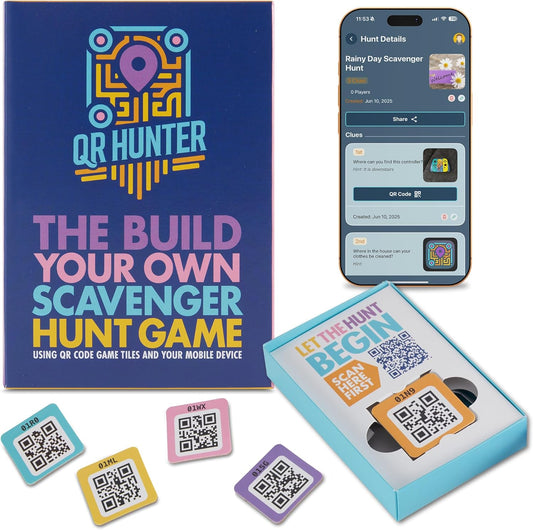 QR Hunter | QR Code Tile Sticker Pack | Includes 5 Treasure Hunt Game Tiles for All Ages | Custom Scavenger Hunts and QR Code Adventure | Free iOS and Android Compatible App Included | Made in the USA