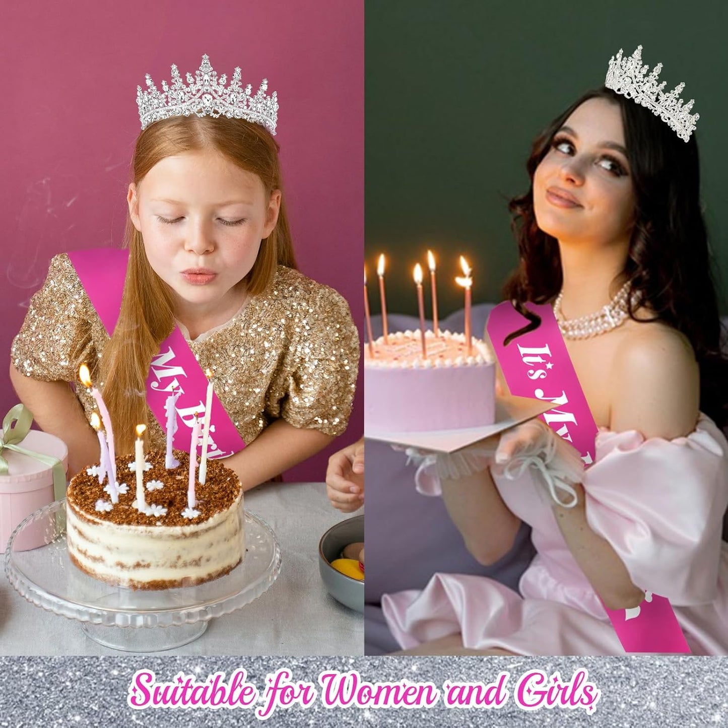 CURASA Birthday Tiara and Sash - Silver Birthday Crown for Women, Perfect for Parties and Celebrations