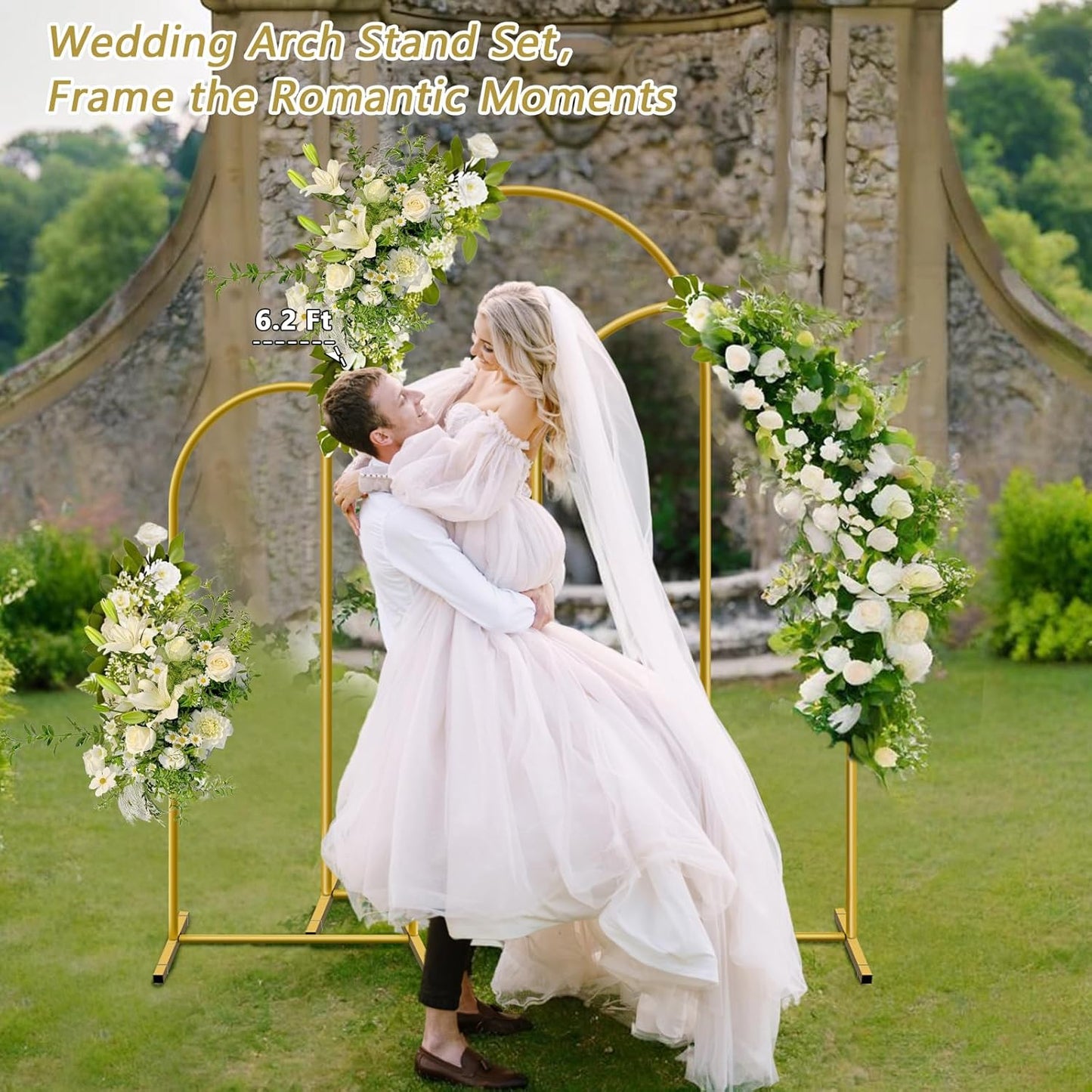 Metal Arch Backdrop Stand, Set of 3 (4ft / 5ft / 6ft) Gold Arch Backdrop with 12 Ground Nails, Stable Arched Background Stand for Wedding, Baby Shower, Birthday Party, Photography