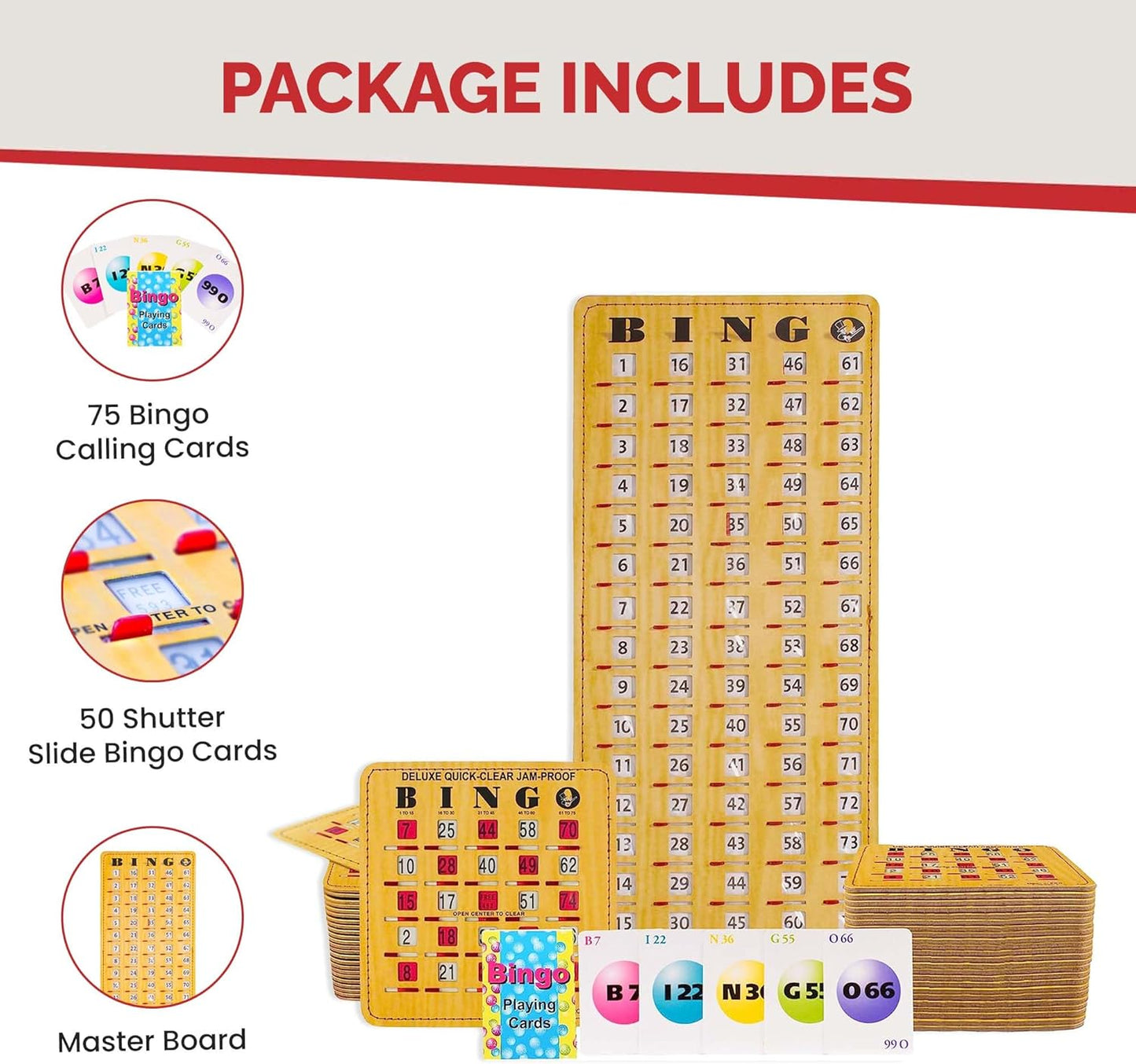 MR CHIPS Jam-Proof Bingo Cards with Sliding Windows, 25 Reusable Shutter Cards, 75 Calling Cards 1 Master Board in Tan Woodgrain Style