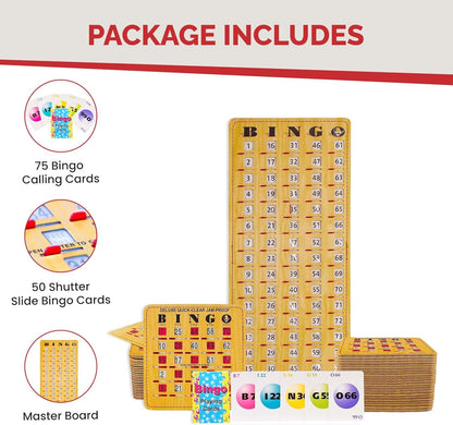 MR CHIPS Jam-Proof Bingo Cards with Sliding Windows, 25 Reusable Shutter Cards, 75 Calling Cards 1 Master Board in Tan Woodgrain Style