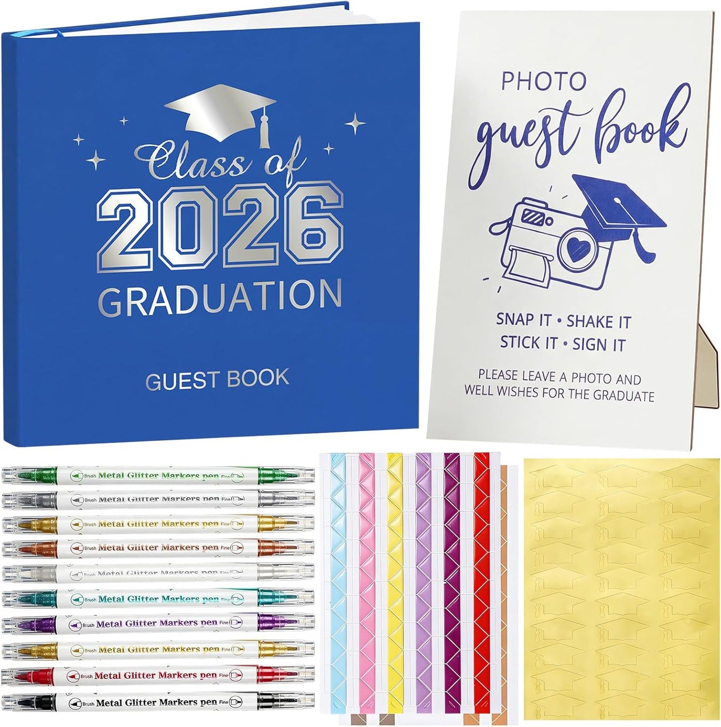 Pajean Graduation Guest Book Set Class of 2026 Memory Scrapbook with Photo Guest Book Sign Dual Tip Pens Photo Corner Stickers Grad Cap Stickers for Grad Party Decorations Supplies Gifts (Black)