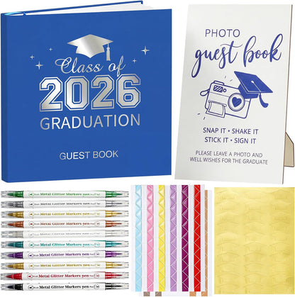Pajean Graduation Guest Book Set Class of 2026 Memory Scrapbook with Photo Guest Book Sign Dual Tip Pens Photo Corner Stickers Grad Cap Stickers for Grad Party Decorations Supplies Gifts (Black)
