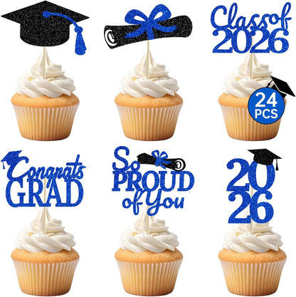 24 Pcs Graduation Cupcake Toppers 2026 - Congrats Grad Decorations Class of 2026, Pre-Assembled Black Gold Grad Cake Topper Centerpieces for Graduation Party Decoration Supplies Table Decor, 6 Styles