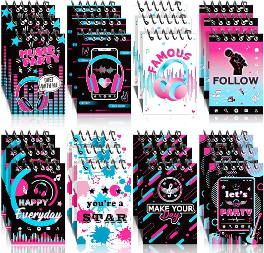 Zonon 24 PCS Music Mini Notepads Social Media Theme Notebook Set Music Birthday Party Favors Memo Spiral Notebooks Bulk Party Prizes for Birthday Gift Bags Fillers Supplies(Classic)