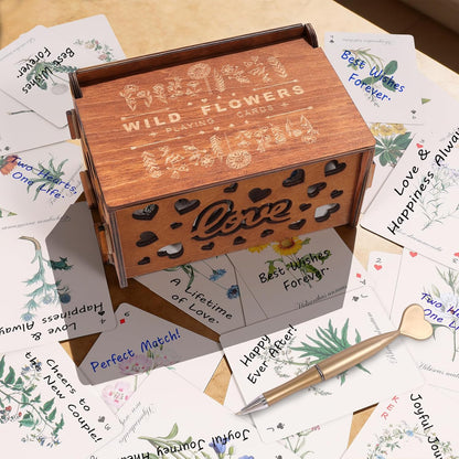 54 PCS Personalized Wedding Guest Book Alternative, Floral Wedding Guest Playing Cards Set with Wooden Openwork Storage Box, Wildflower Wedding Book Ideas, Guest Card Deck for Wedding Bridal Shower