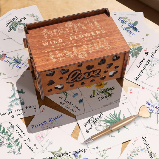 54 PCS Personalized Wedding Guest Book Alternative, Floral Wedding Guest Playing Cards Set with Wooden Openwork Storage Box, Wildflower Wedding Book Ideas, Guest Card Deck for Wedding Bridal Shower