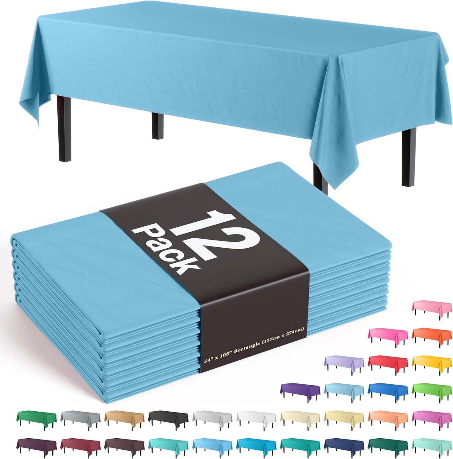 12-Pack Premium Plastic Tablecloth 54in. x 108in. Rectangle Table Cover - Dark Blue - Colors B