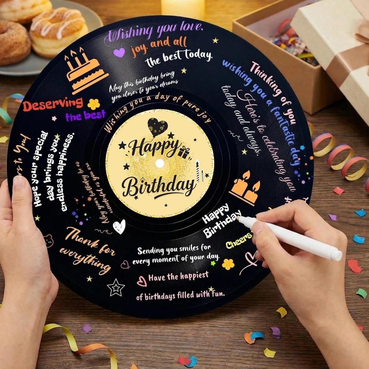 REEGII Vinyl Record Style Birthday Guest Book for Birthday Decorations - Large 11.6"x11.6" Sign-In Poster with 12 Pens | Unique Keepsake Gift for Birthday Party Decor (Happy Birthday, Golden, 11.6"L x 11.6"W)
