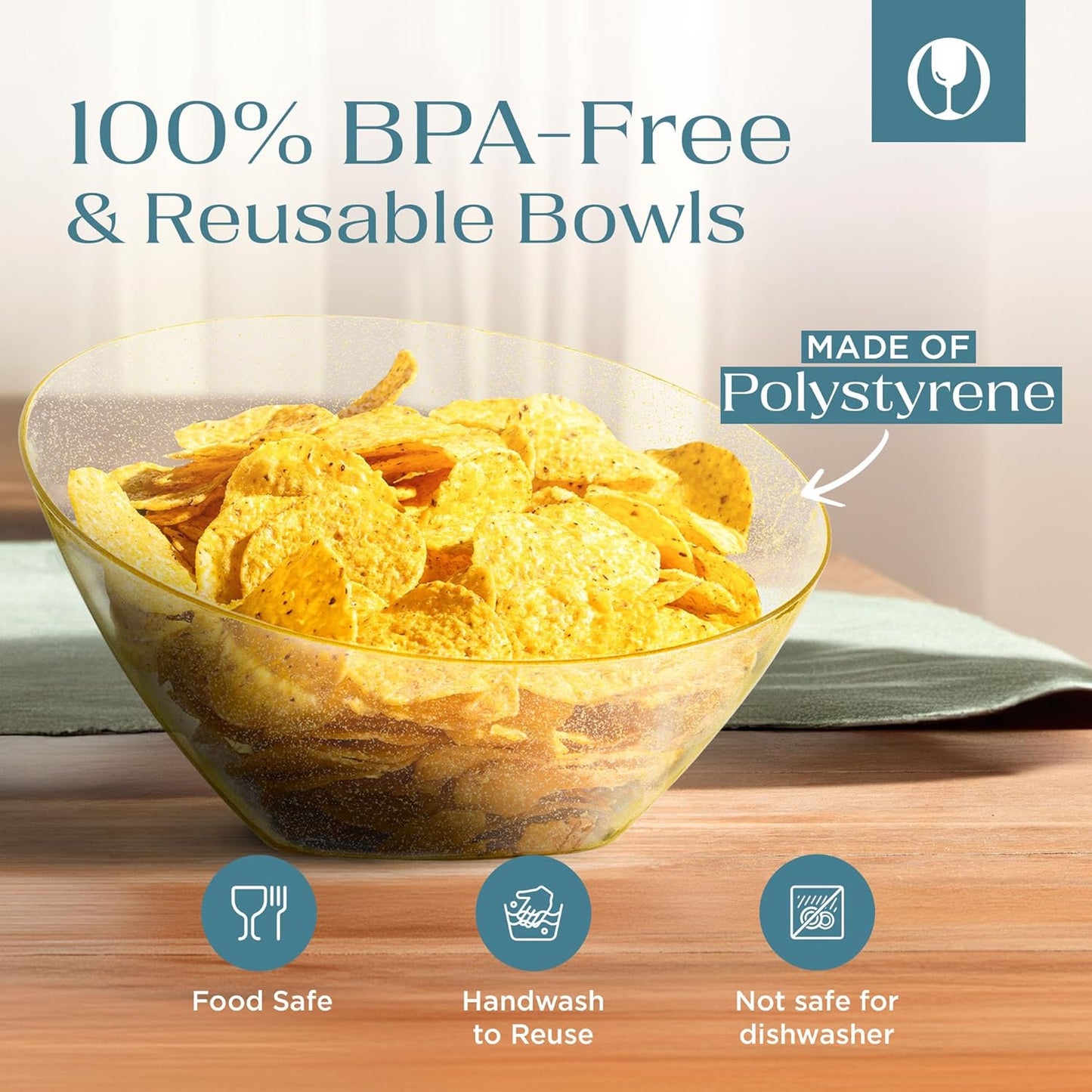 Posh Setting Crystal Clear, Disposable Premium Hard Plastic Medium Angled Bowl, Party, Salad, Snack and Fruit Bowl 5 Pack