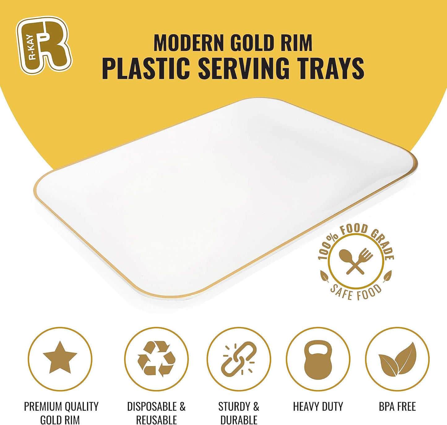 3 Pack Plastic Serving Trays for Party - Gold Serving Tray 8 x 11 Inch - Heavy Duty Dessert Trays for Food - Rectangular Party Serving Trays for Entertaining - Clear Cookie Platters