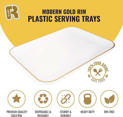 3 Pack Plastic Serving Trays for Party - Gold Serving Tray 8 x 11 Inch - Heavy Duty Dessert Trays for Food - Rectangular Party Serving Trays for Entertaining - Clear Cookie Platters