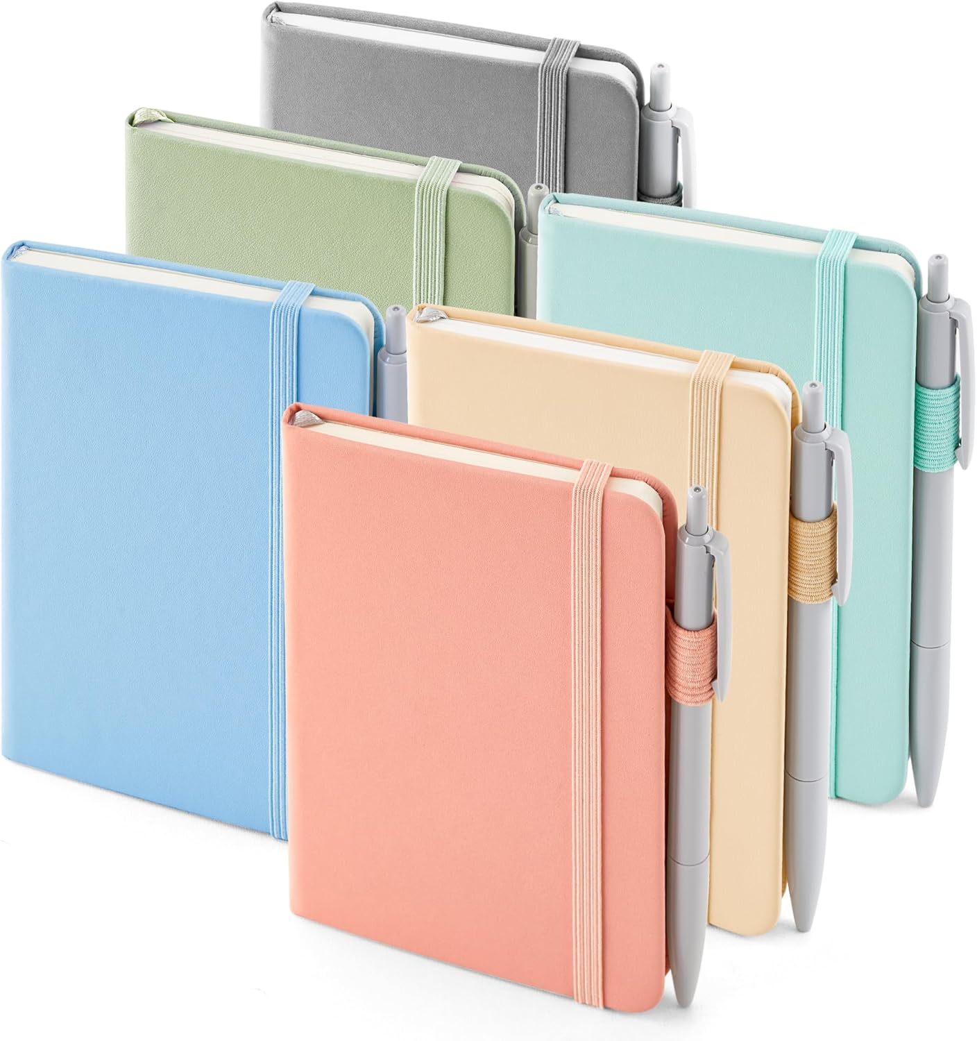 feela 6 Pack Pocket Small Notebooks Bulk, Mini Cute Memo Notepads Hardcover College Ruled Lined Journals with Pen Holder for Women Girls Office School, with 6 Black Pens, 3.5”x 5.5”, A6, Rose Pink