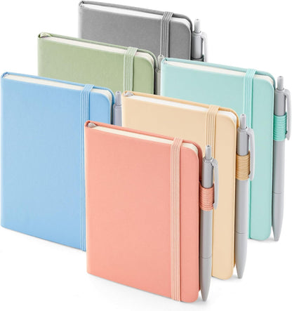 feela 6 Pack Pocket Small Notebooks Bulk, Mini Cute Memo Notepads Hardcover College Ruled Lined Journals with Pen Holder for Women Girls Office School, with 6 Black Pens, 3.5”x 5.5”, A6, Rose Pink