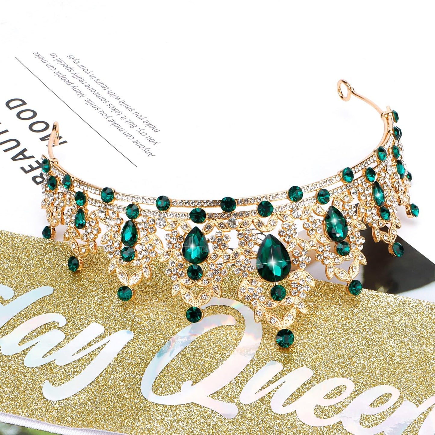 Atoden Green Birthday Crown and Sash Tiara for Women and Girls, Crystal Rhinestone Tiara for Birthday Party, Wedding, Quinceanera, Prom, Festival, EF8277