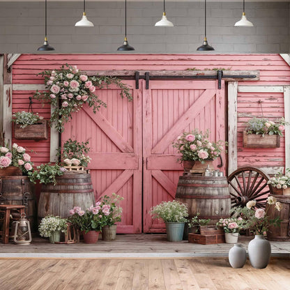 10x8ft Country Wedding Photography Backdrop Rustic Barn Door Photography Backdrop Farmhouse Pink Flower Cabin Wooden Birthday Baby Shower Wedding Bridal Party Banner Photo Booth Props Background