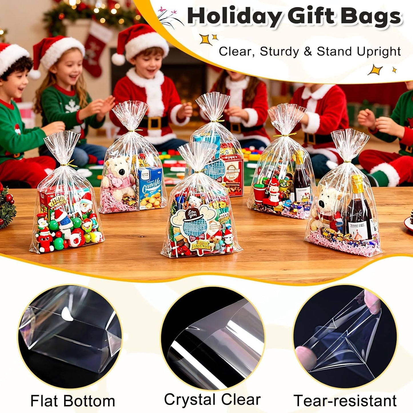 PigPotParty Cellophane Treat Bags 6x9 Inch, 50 Pack Clear Goodie Bags with Bottom Gusset for Stand-Up Display, Small Plastic Gift Wrap for Cookies, Candy, Party Favors, Popcorn, Includes 50 Gold Ties