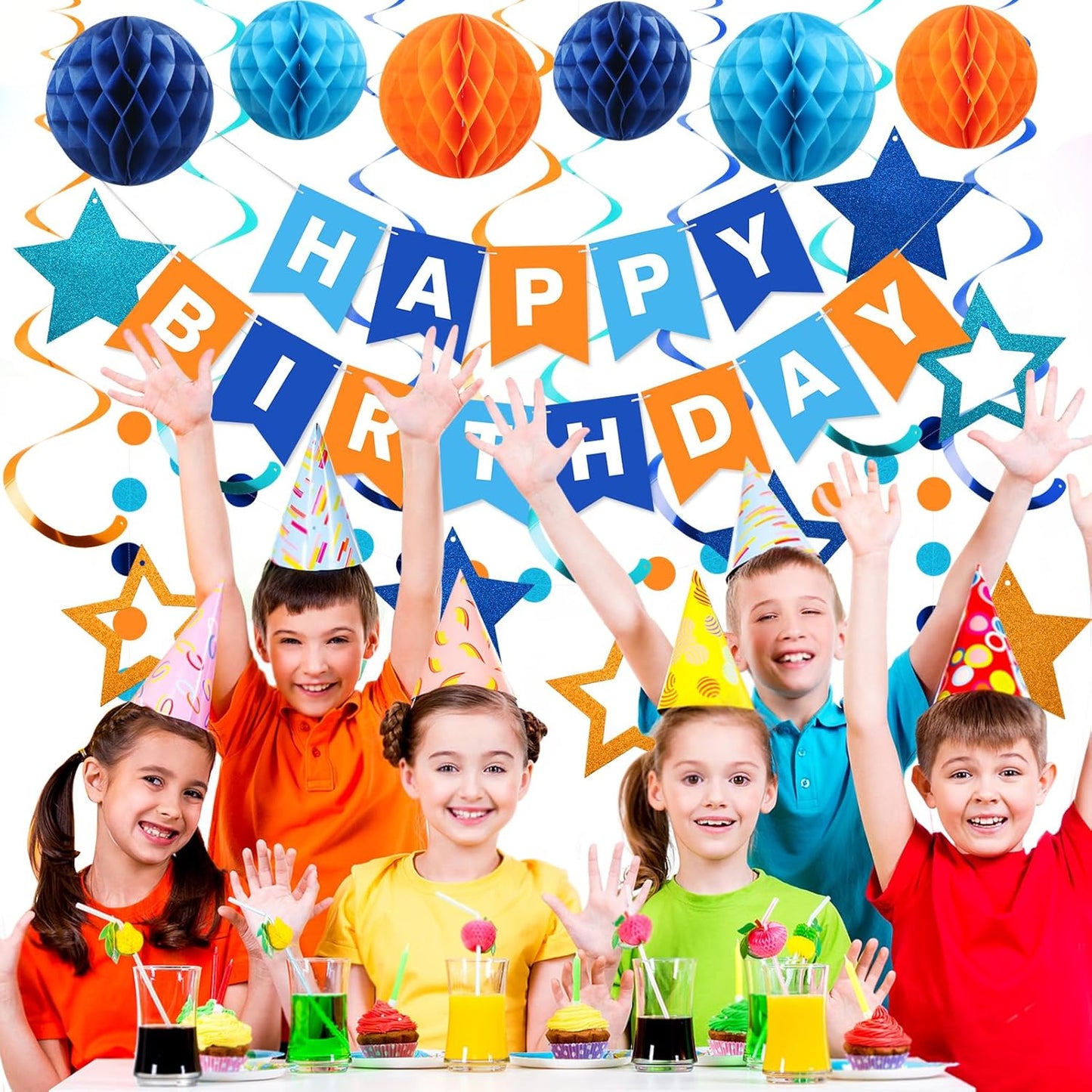 meowtastic Birthday Decorations, Happy Birthday Banner with Honeycomb Balls, Stars Hanging Swirl Streamers, Circle Dots Garland, Happy Birthday Party Decorations for Women Men Boys Girls (Blue)
