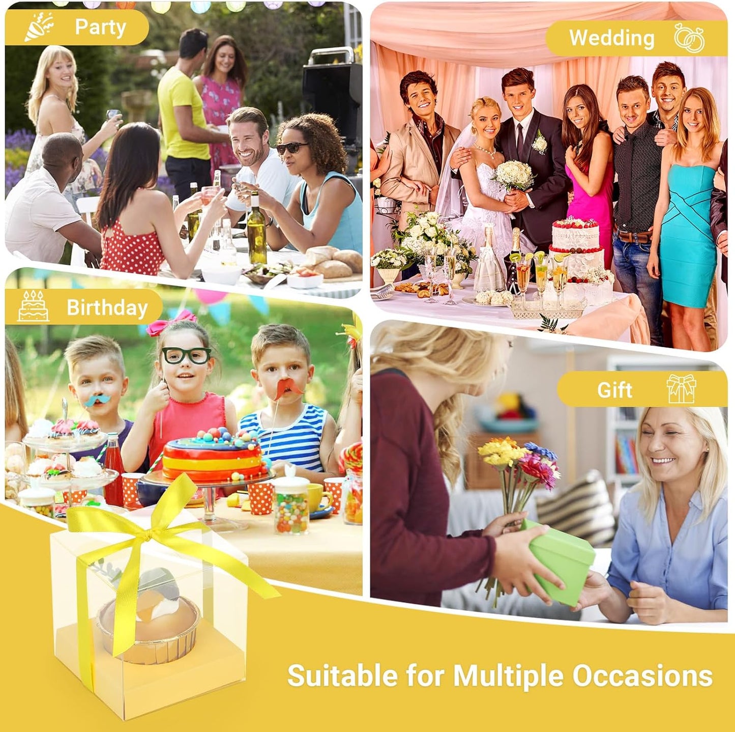 EUSOAR Individual Cupcake Holder, 50pcs 3.5 Inch Plastic Black Cupcake Containers with Lids, Single Transparent Display Clear Cupcake Carrier with Ribbon and Inserts for Wedding Party Favor