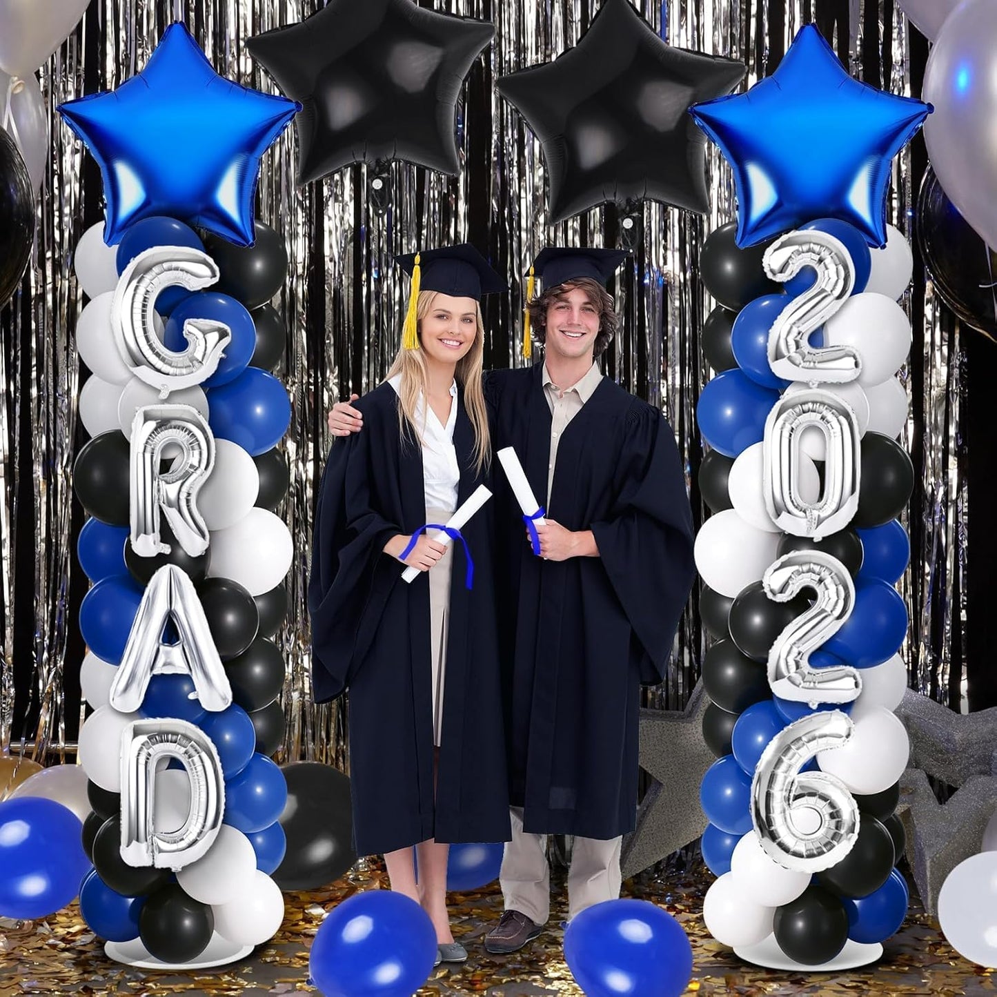 2 Sets Graduation Balloon Column Stand Kits with Balloons 2026 Grad Themed Decoration Navy Blue Balloon Tower Stand Kit for Grad High School & College Celebration Party Decor
