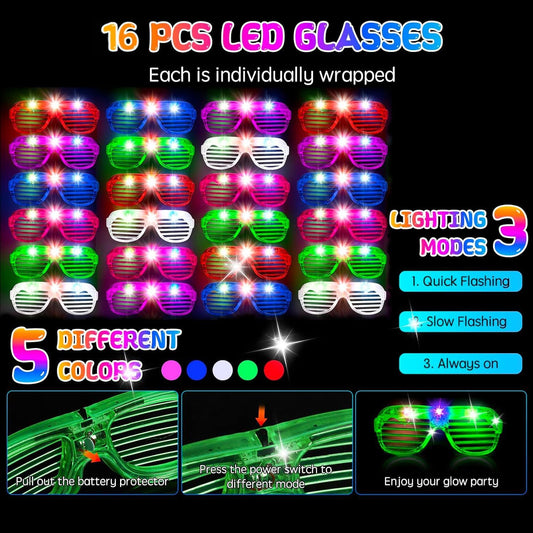 248PCS Glow in the Dark Party Supplies, Party Pack Bulk , 16PCS Foam Glow Sticks & LED Glasses, 16PCS LED Light Up Rings and 200PCS Glow Sticks for Neon Party Decorations, halloween party favors