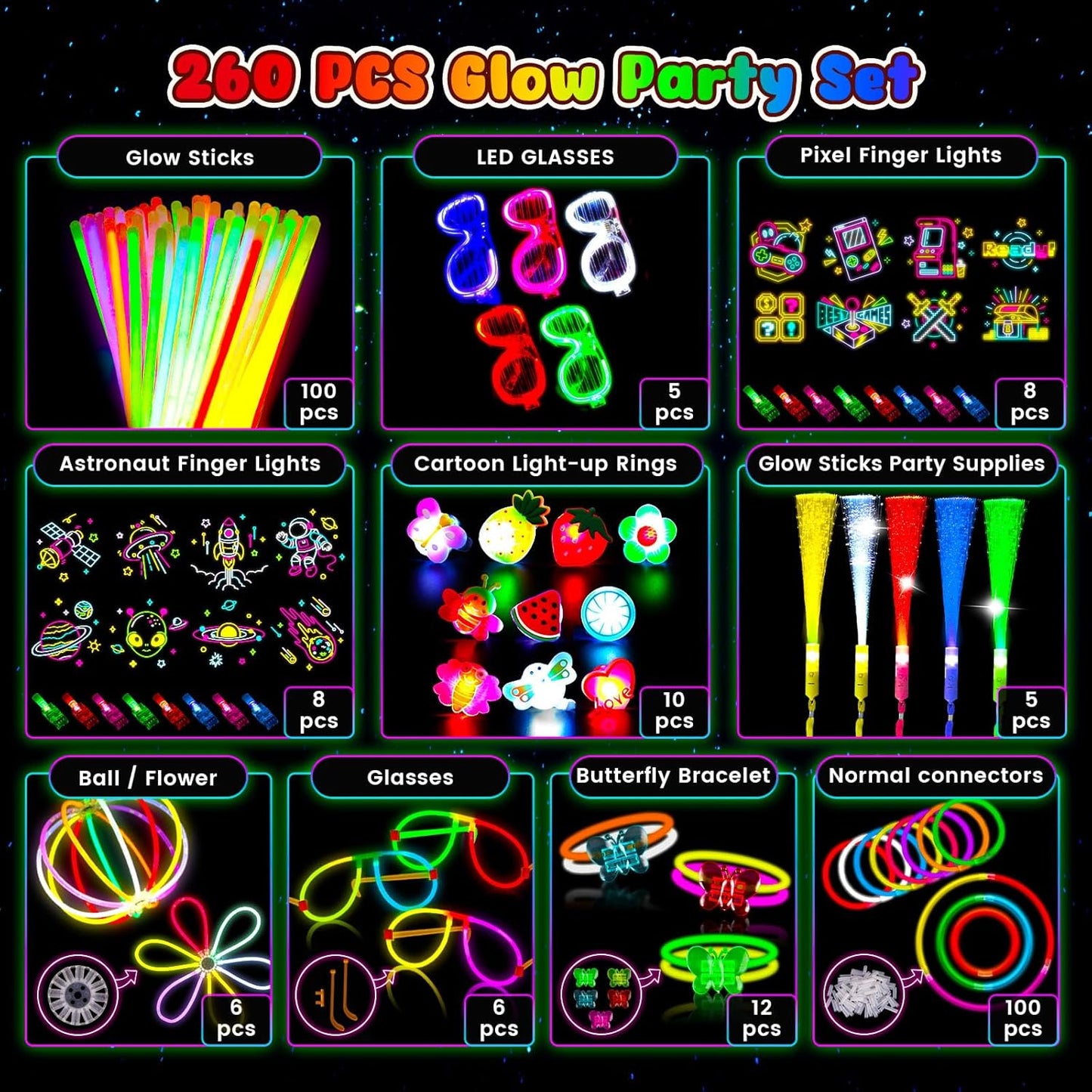 LovesTown 260PCS Glow in the Dark Party Supplies for Kids Adults, Light up Party Favors with LED Glasses Glow Sticks Bulk Finger Lights Light up Rings for Goodie Bags Fillers Raves Accessories