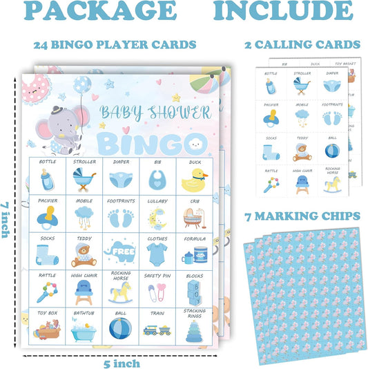 Baby Shower Bingo Game Cards Set for Guests Adults, Blue Elephant Baby Shower Party Bingo Game Gender Reveal Bingo Game for Family Friends Large Group Activity, Favors Supplies Decorations