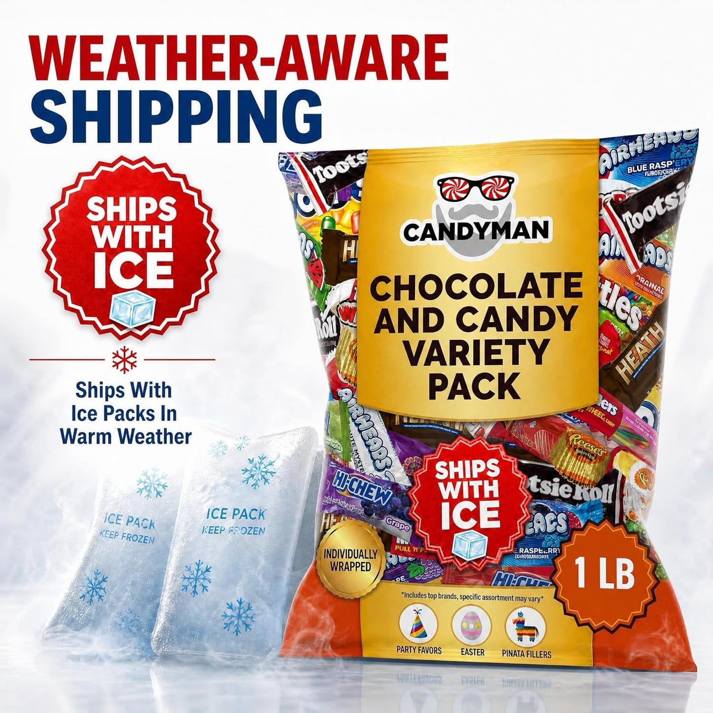CANDYMAN (5 LB) Chocolate Candy Variety Pack — Individually Wrapped Bulk Candy Mix, Fun & Mini Size Treats for, Pinata Fillers for Kids, Party Favors, Father's Day, Ship with Ice
