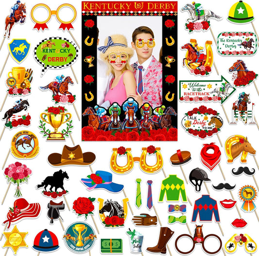 HOWAF Kentucky Horse Derby Photo Booth Props, 52pcs Photo Props with Horse Racing Photo Frame Kentucky Party Derby Day Party Decorations for Derby Party Photography Selfie Props Picture Props