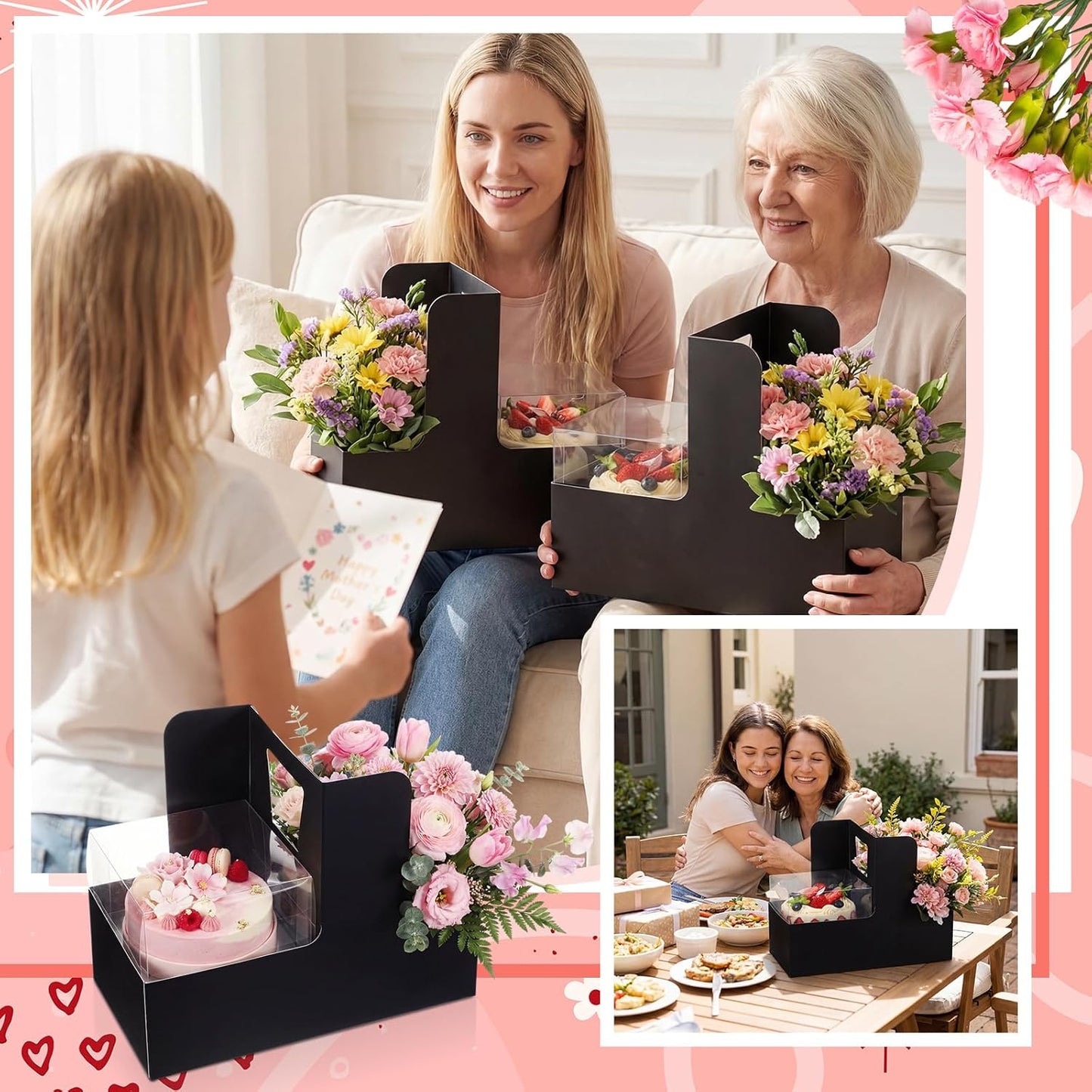 Qinyoung 12 Sets Mother's Day Flower Gift Box Cake Flower Gift Boxes with 12 Pcs Transparent PVC Cake Boxes Mother's Day Box for Teacher,Mom Wedding, Birthday Party(White,Classic,Blank)