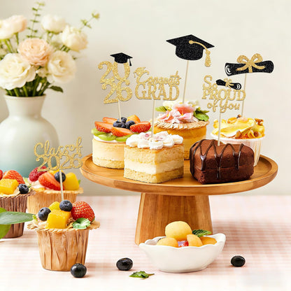 24 Pcs Graduation Cupcake Toppers 2026 - Congrats Grad Decorations Class of 2026, Pre-Assembled Black Gold Grad Cake Topper Centerpieces for Graduation Party Decoration Supplies Table Decor, 6 Styles