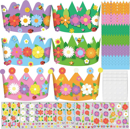 Afniimyapt 12 Sets Spring Paper Crowns Craft Kits DIY Your Own Spring Floral Party Crowns Hats Colorful Paper Headbands with Flower Butterfly Bee Stickers for Home Holiday Activity Supplies