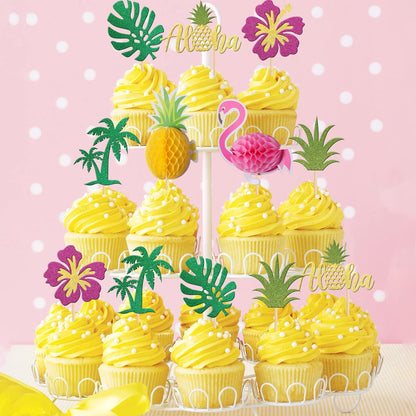 28 PCS Tropical Cupcake Toppers Glitter Leaf Pineapple Flower Palm Tree Flamingo Cupcake Picks Aloha Cake Decorations for Summer Hawaiian Luau Theme Baby Shower Birthday Wedding Party Supplies