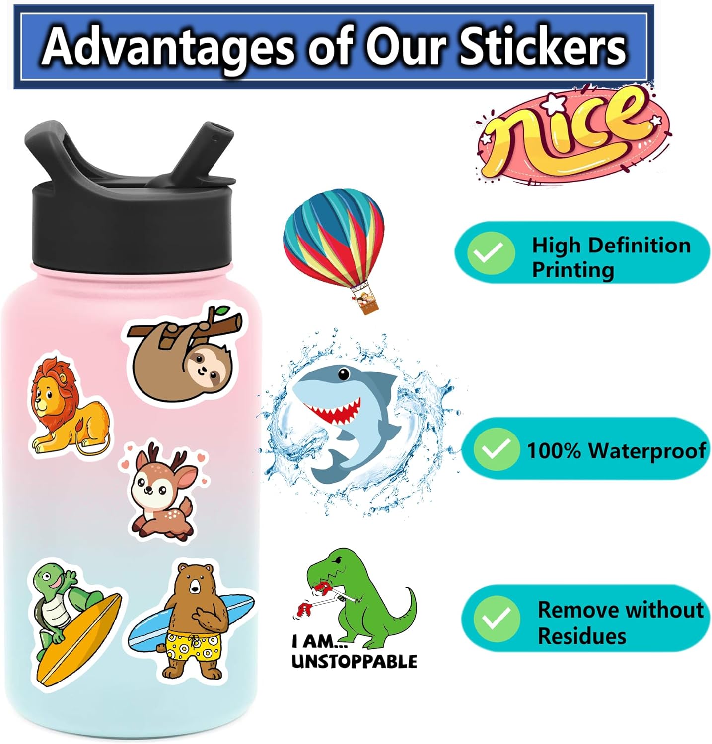 200Pcs Water Bottle Stickers for Kids Teens, Waterproof Vinyl Stickers, Stickers for Kids Classroom Decor, Teacher Supplies & Classroom Must Haves