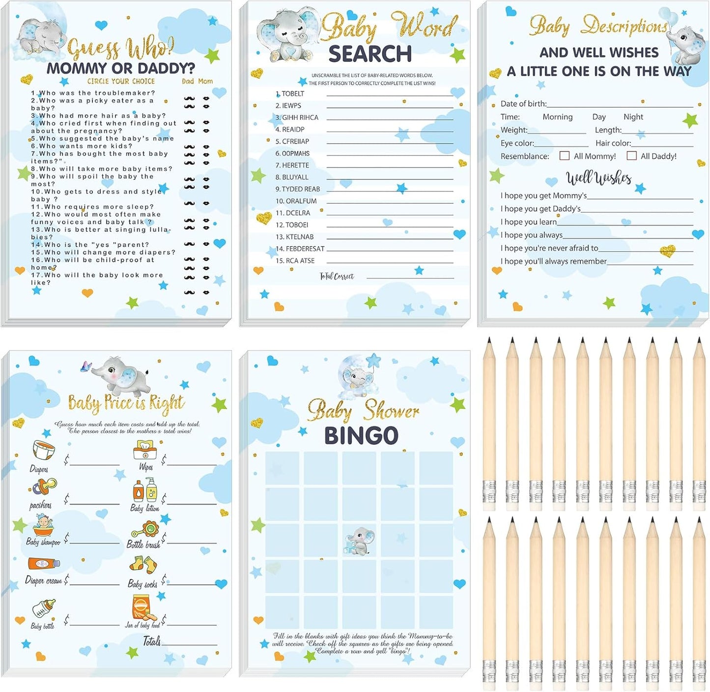 Yinder 145 Pcs Baby Shower Games Activities Cards with 20 Pencils Includes Baby Bingo Description and Wishes Guess Who Price is Right Word Scramble Game(Here Comes the Son)